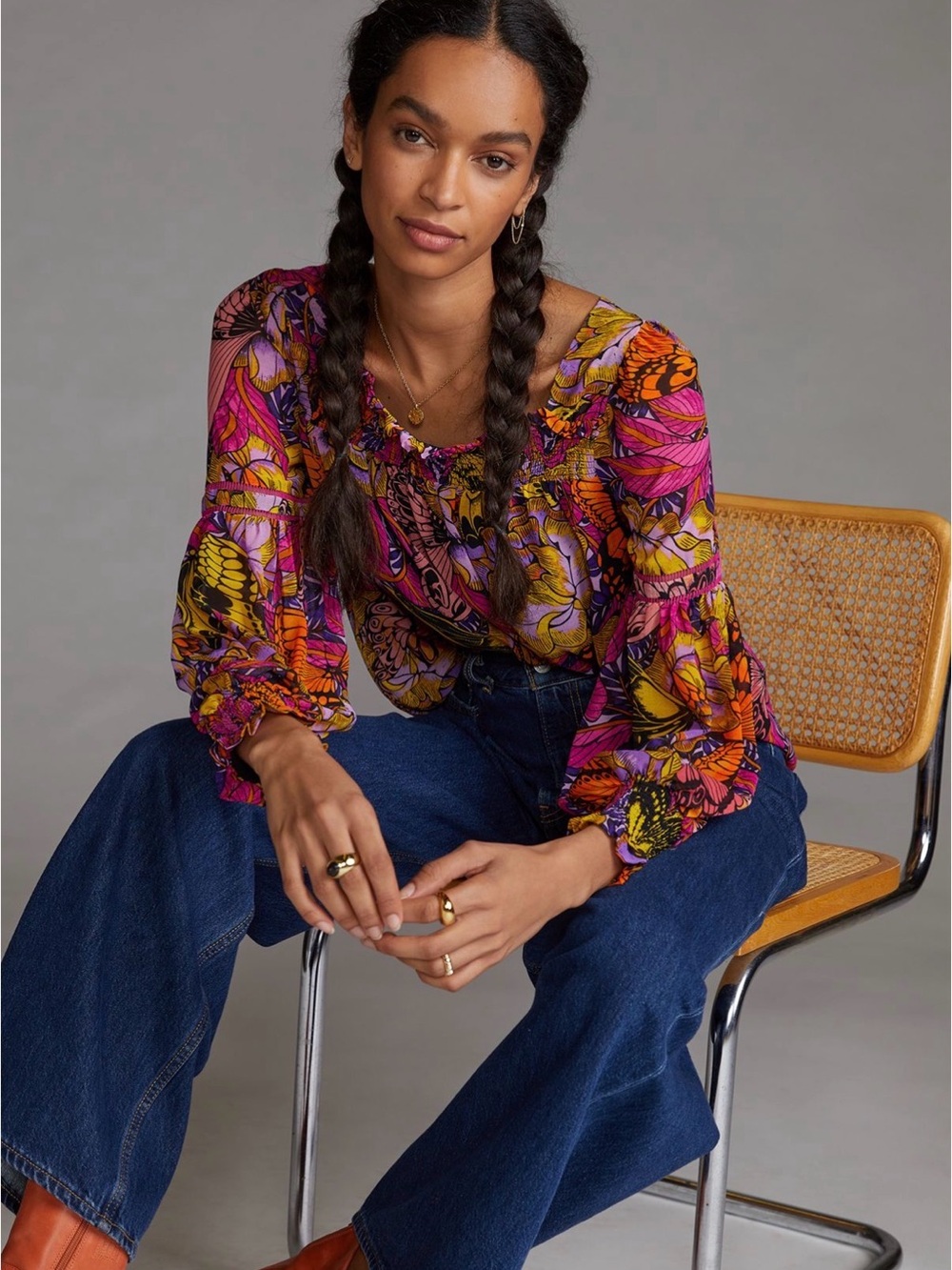 Anthropologie Alexandra Farmer puff sleeve Floral butterfly Smocked-Neck Blouse